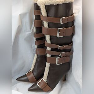 SHELN New Brown Heeled Boots with Buckles, Size 6